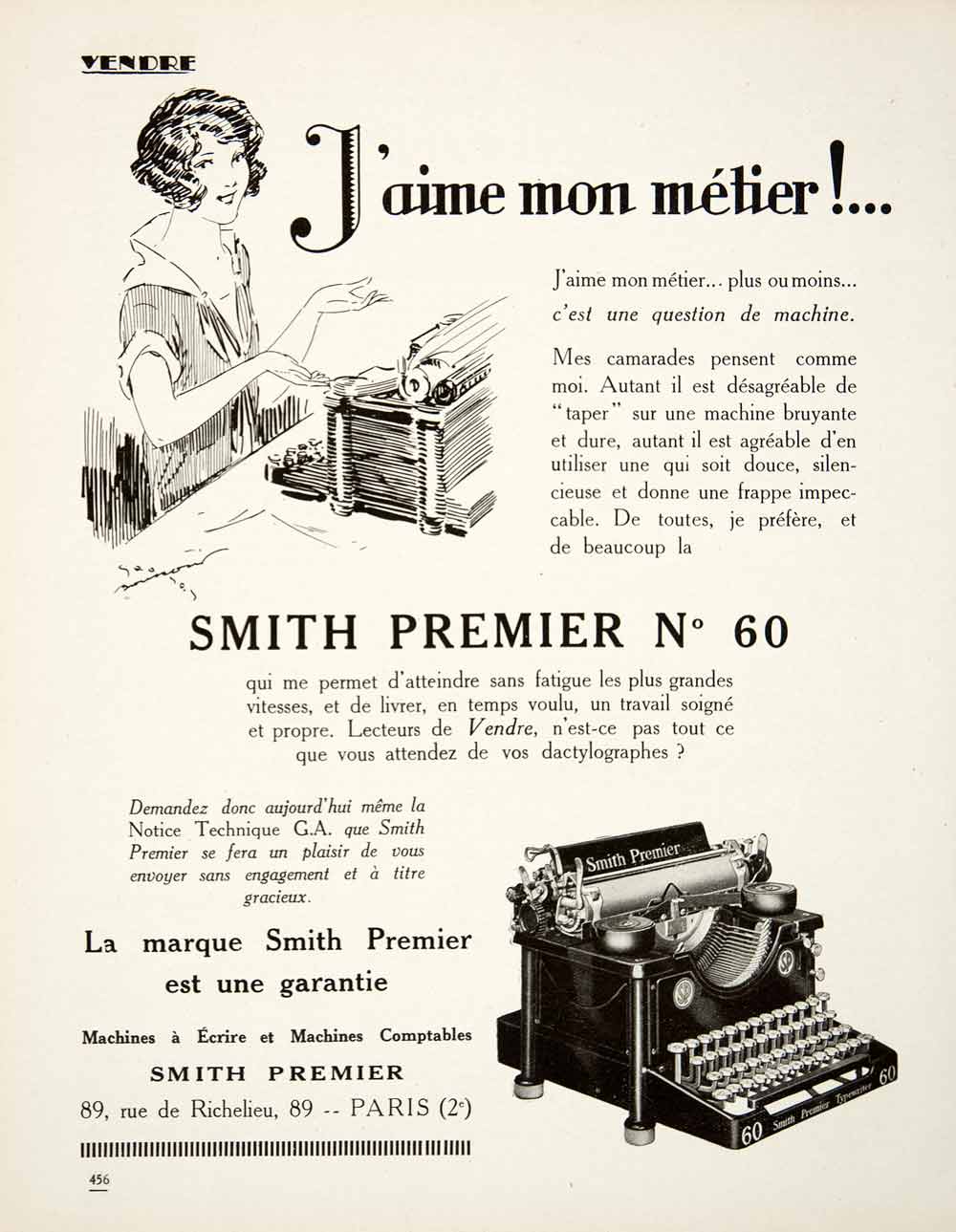 1925 Ad Smith Premier No. 60 Typewriter 89 Rue Richelieu Paris Secretary VEN4