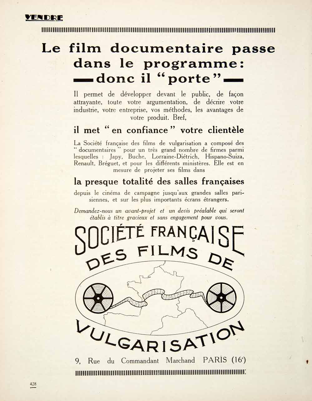 1925 Ad Societe Francaise Films Vulgarisation 9 Rue Commandant Marchand VEN4