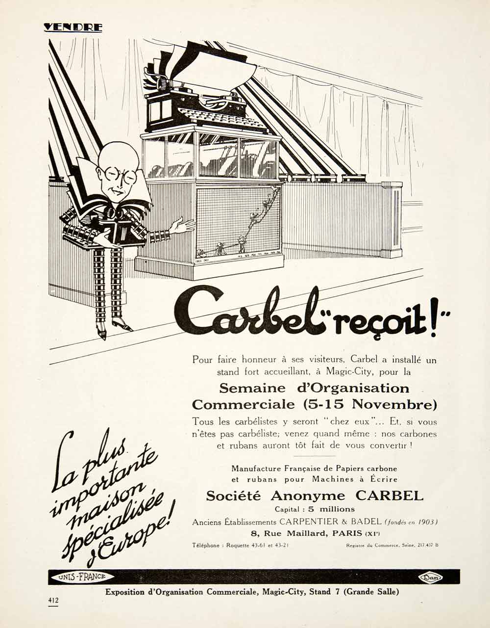 1925 Ad Carbel Exposition Frankfurt Typewriting Ribbon Carbon 8 Rue VEN4