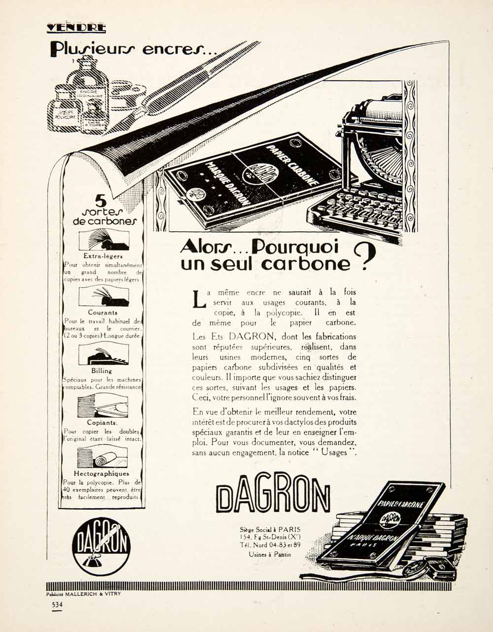 1925 Ad Dagron Carbon Paper 154 Faubourg Saint-Denis Paris Duplication VEN4