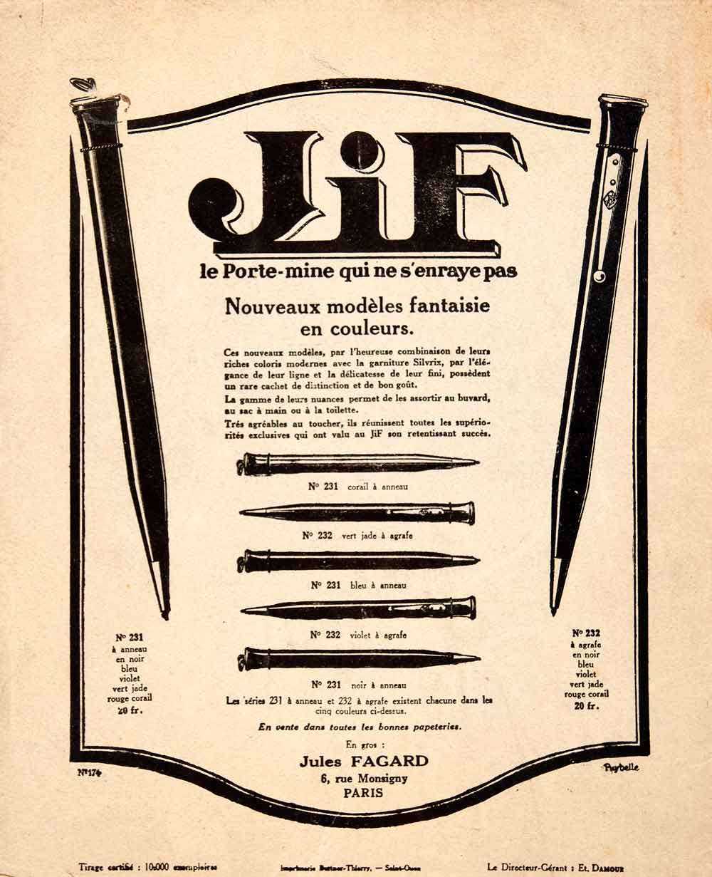 1925 Ad JiF Mechanical Pencil Jules Fagard 6 Rue Monsigny Paris Writing VEN4