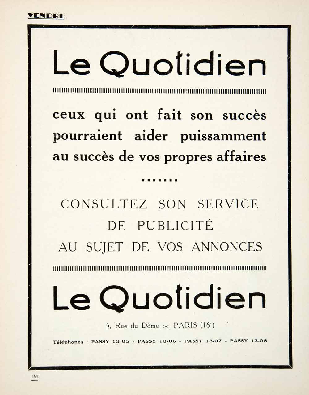 1926 Ad Quotidien 5 Rue Dome Paris Advertising Consultant Agency Firm VEN4