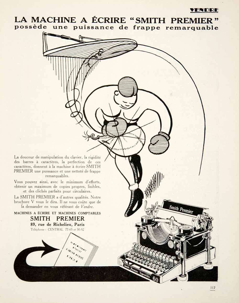 1926 Ad 60 Smith Premier Typewriter 89 rue Richelieu Paris Boxing Office VEN4