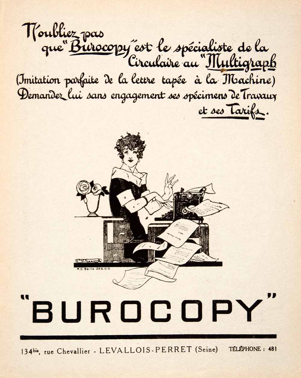 1926 Ad Burocopy 134 Rue Chevallier Multigraph Advertising Agency VEN4