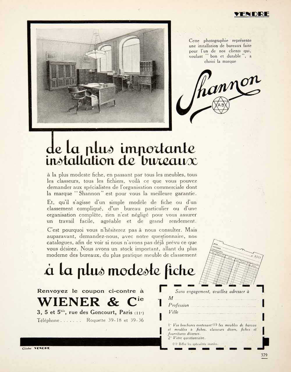 1926 Ad Shannon Wiener 3 Rue Des Goncourt Paris Filing Cabinet Office VEN4