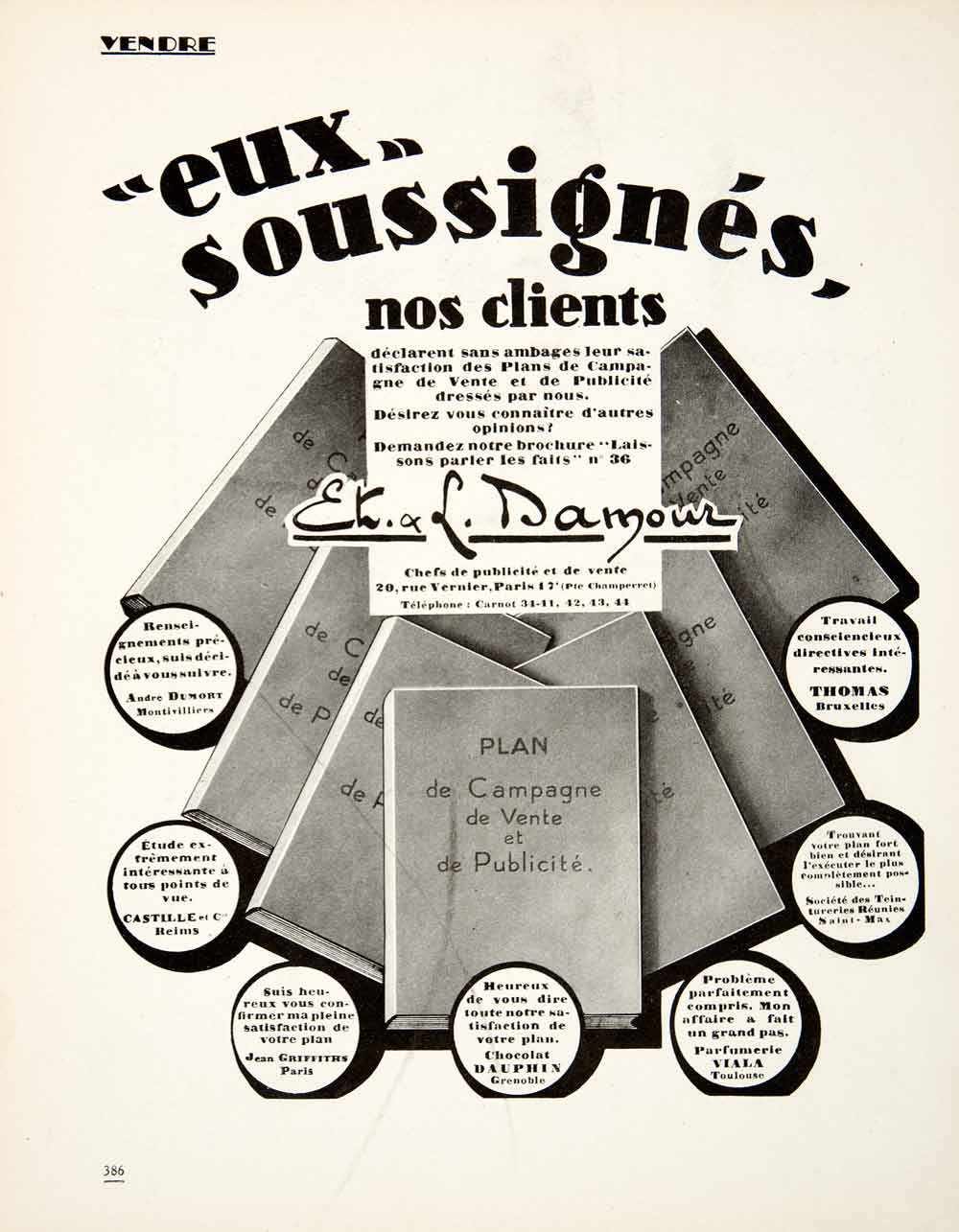 1926 Ad Etienne Leon Damour Advertising Firm 20 Rue Vernier Paris Viala VEN4