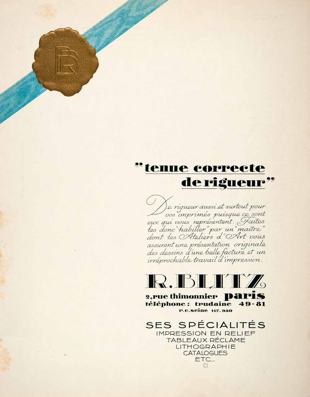 1926 Ad R Blitz 2 Rue Thimonnier Paris Advertising Firm French Publishing VEN4