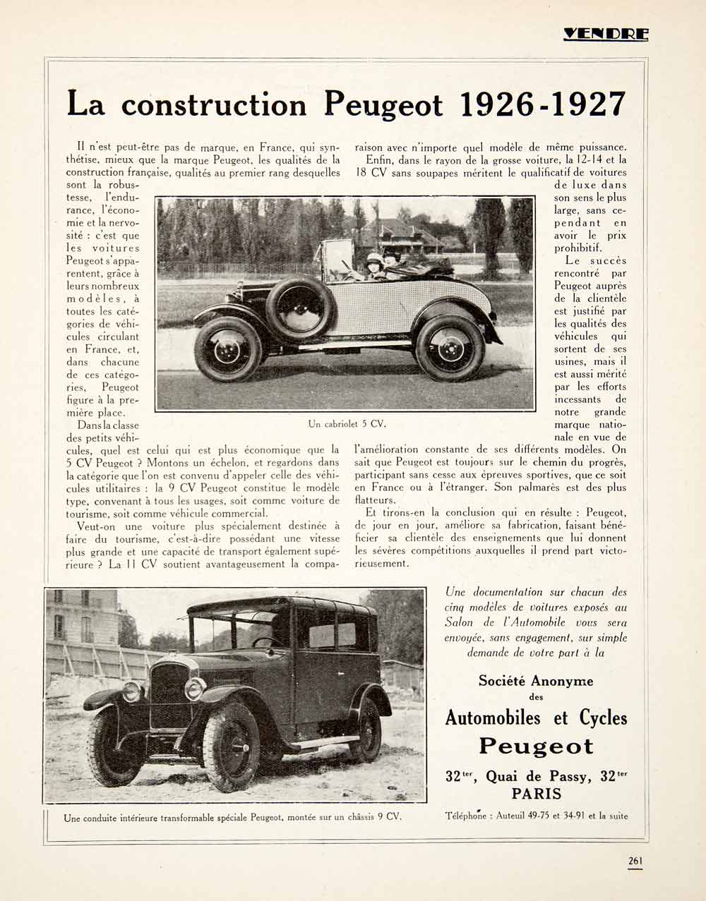 1926 Ad Peugeot Autombile 32 Quai Passy Paris CV Model Car Voiture