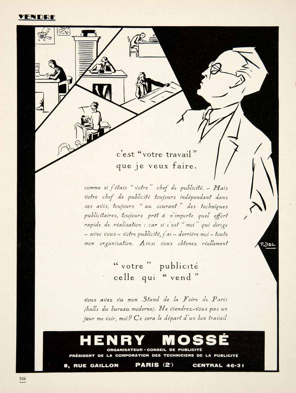 1926 Ad Henry Mosse 8 Rue Gaillon Paris Advertising Agency Dac Publicity VEN4