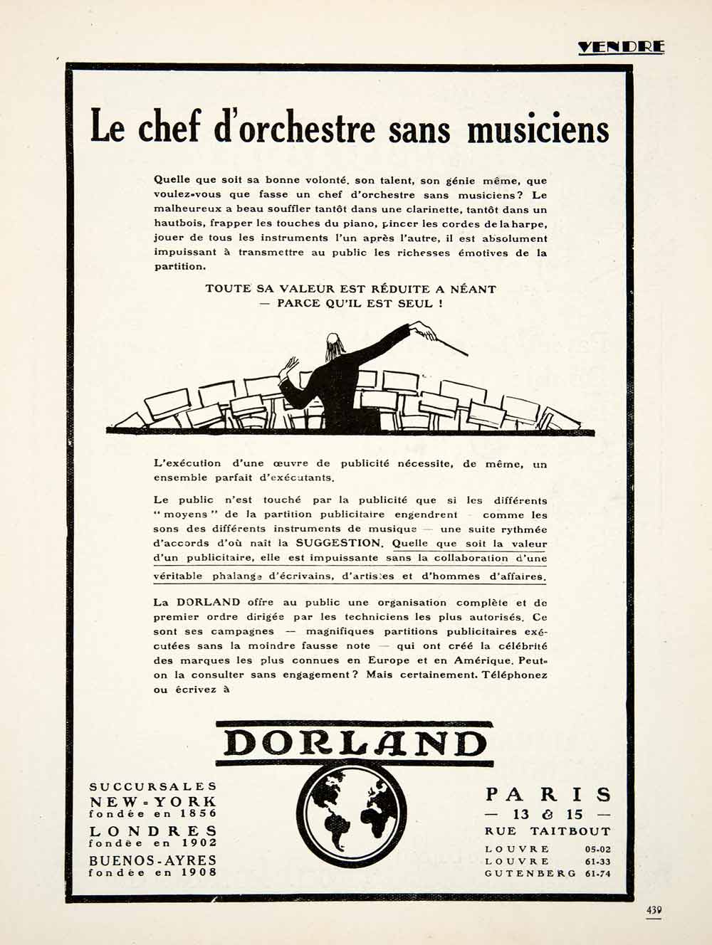 1926 Ad Dorland 13 Rue Taitbout Paris Orchestra Advertising Agency Maestro VEN4