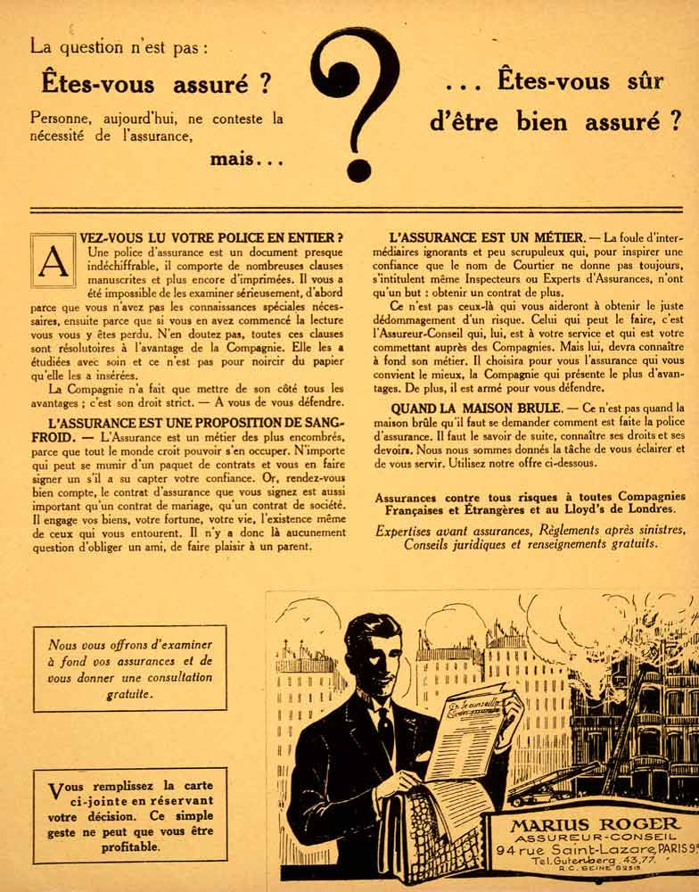 1925 Lithograph Advert Marius Roger 94 Rue Saint-Lazare Paris Insurance VEN4