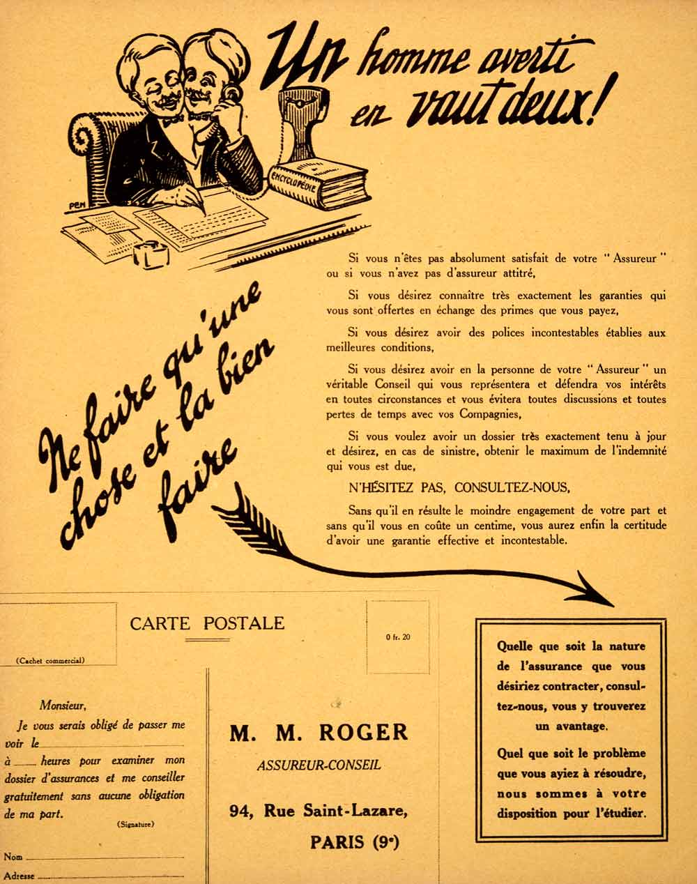 1925 Lithograph Advert Marius Roger 94 Rue Saint-Lazare Paris Insurance VEN4