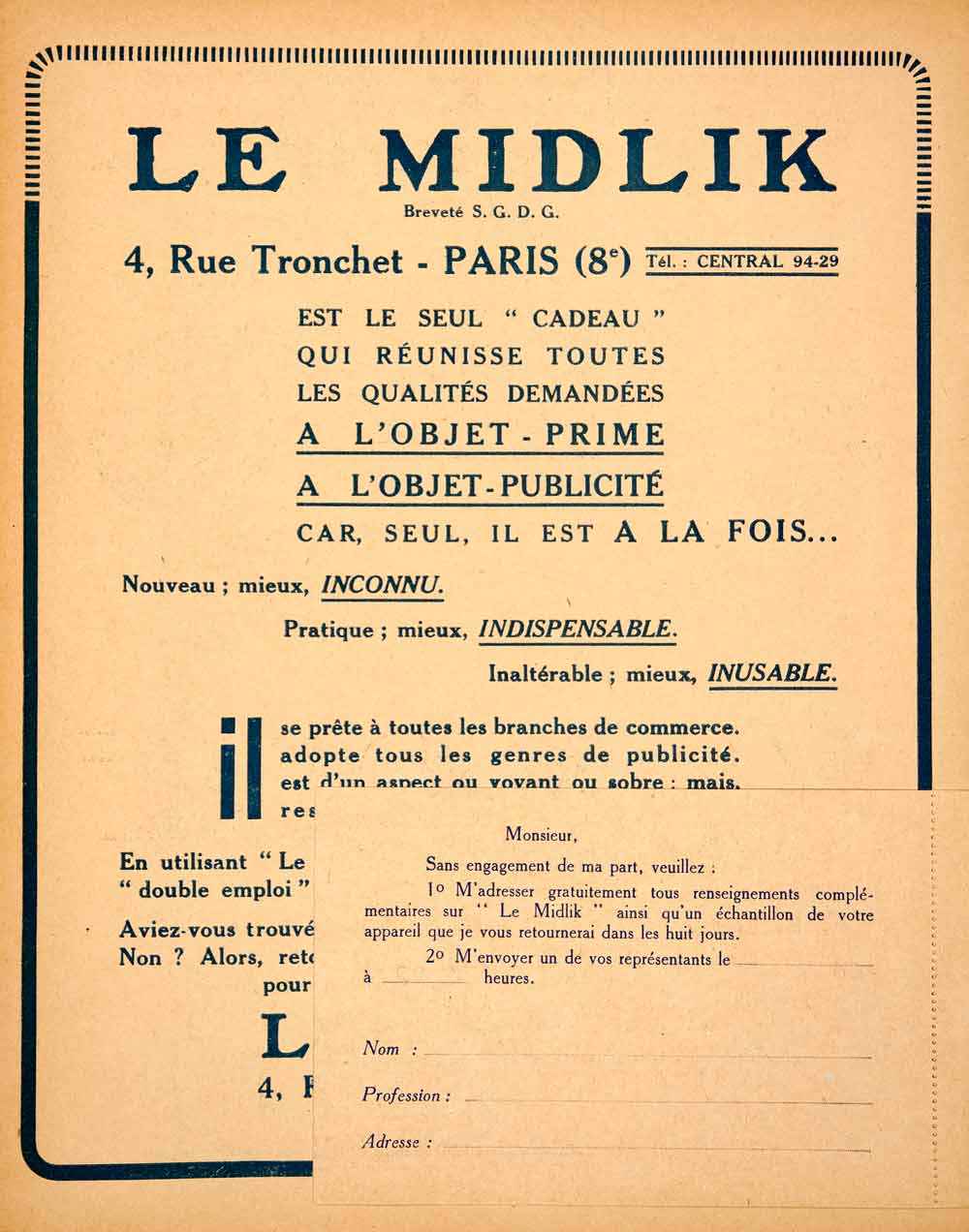 1926 Lithograph Ad Midlik 8 Rue Tronchet Paris Vendre Business Growth VEN4