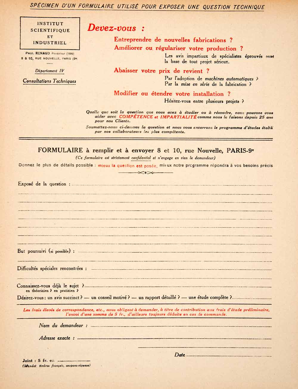 1926 Lithograph Ad Institut Scientifique Industriel 8 Rue Nouvelle Paul VEN4