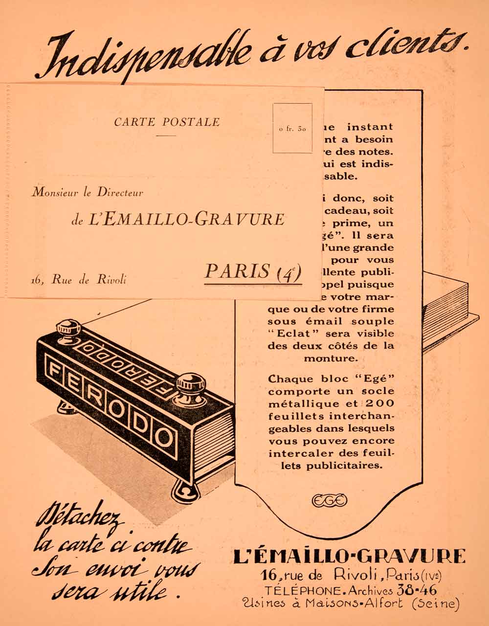 1926 Lithograph Ad Bloc Ege Emaillo-Gravure 16 Rue Rivoli Paris Notepad VEN4