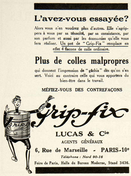 1928 Ad Vintage French Grip-Fix Glue Adhesive Pot Brush Gripfix Lucas –  Period Paper Historic Art LLC