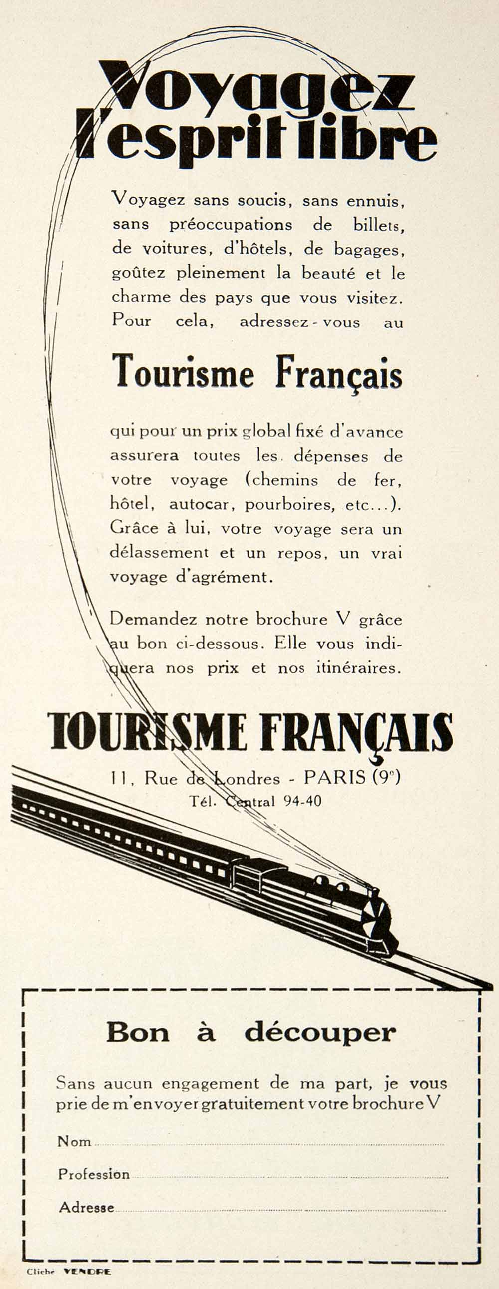1928 Ad Vintage French Tourisme Francais Train Travel Rue de Londres Paris VEN5