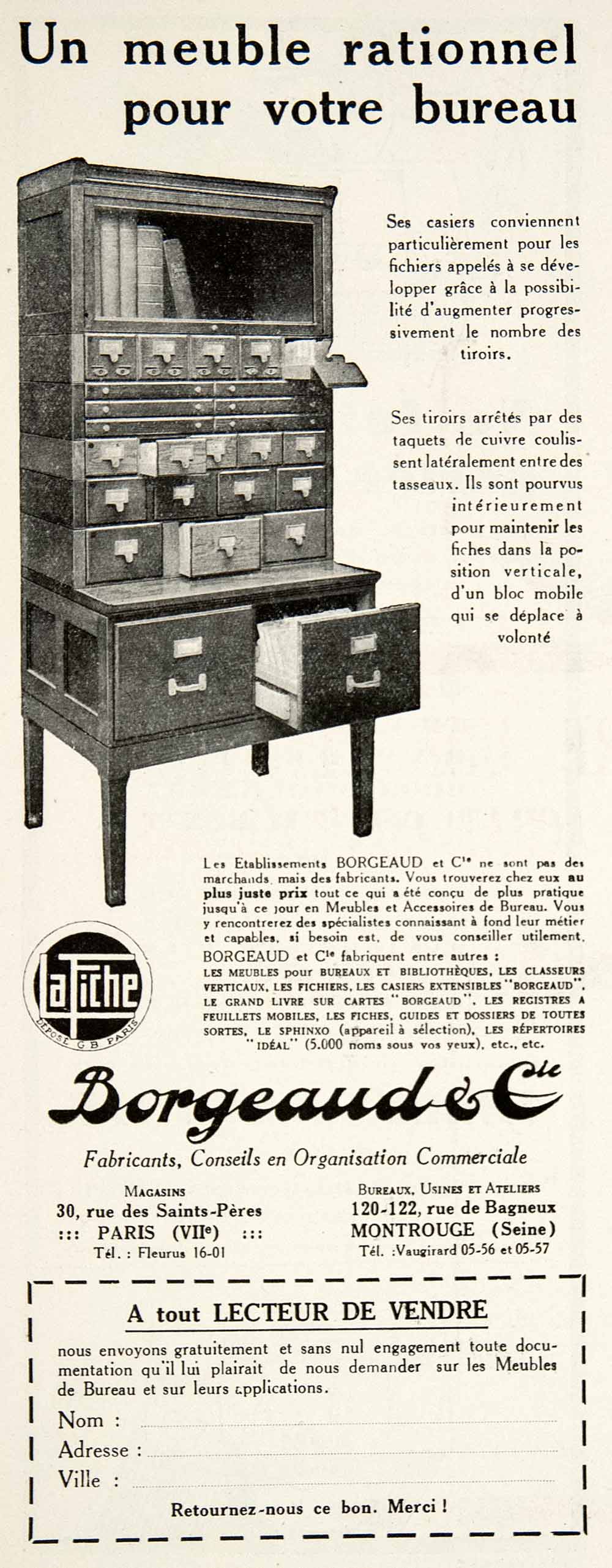 1928 Ad Vintage French Borgeaud & Cie Office Furniture File Cabinet Paris VEN5