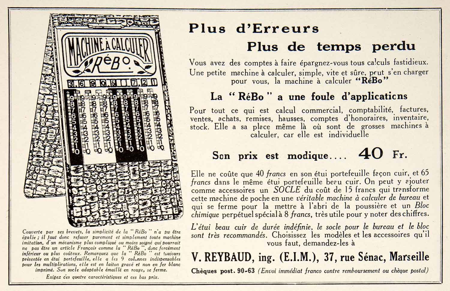 1928 Ad French ReBo Calculator Machine V. Reybaud 37 Rue Senac Marseille VEN5