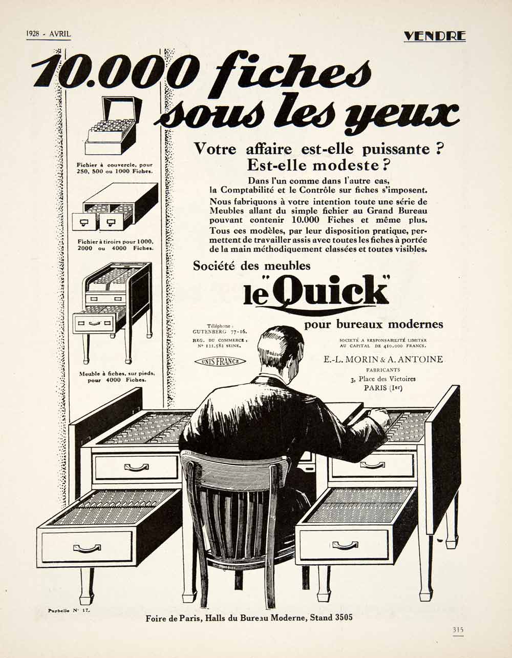 1928 Ad Vintage French Business Office Card Files Fiches Furniture Meubles VEN5
