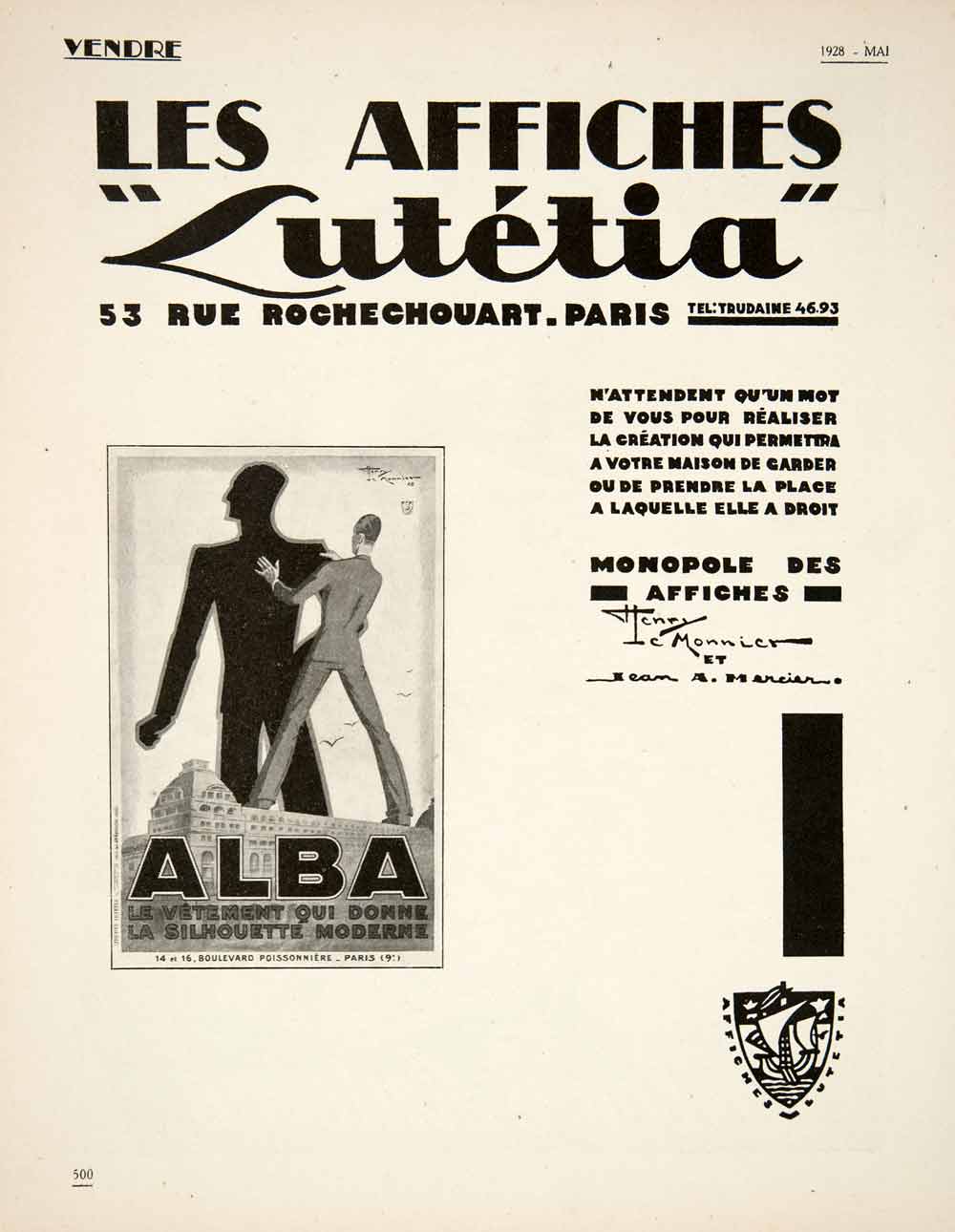 1928 Ad Vintage French Art Deco Affiches Lutetia Advertising Agengy Paris VEN5