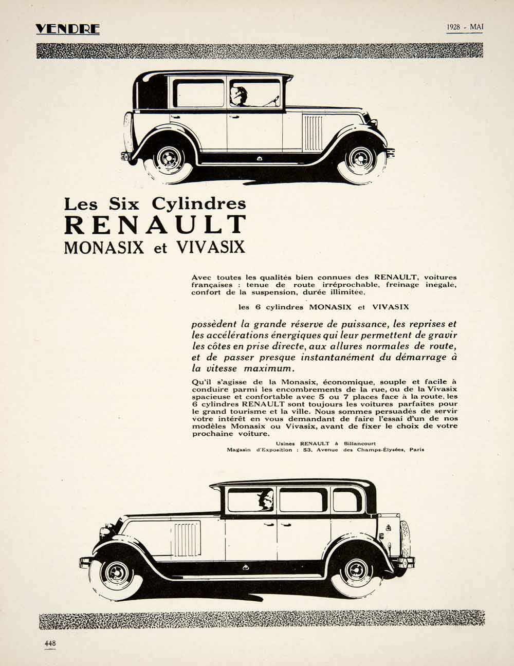 1928 Ad French Renault Automobile Monasix Vivasix Antique Car 6 Cylinder VEN5