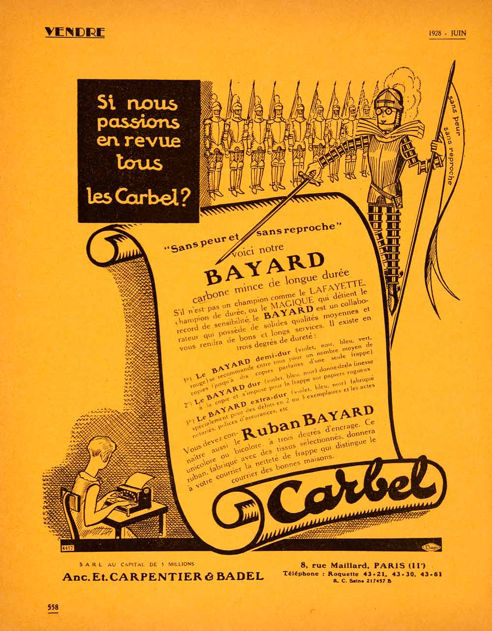 1928 Lithograph Ad French Ruban Bayard Typewriter Ribbon Tape Typist Knight VEN5