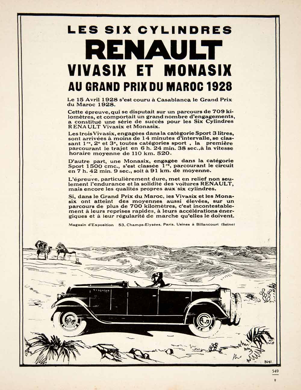 1928 Ad French Renault Automobile Monasix Vivasix Vintage Car 6 Cylinder VEN5