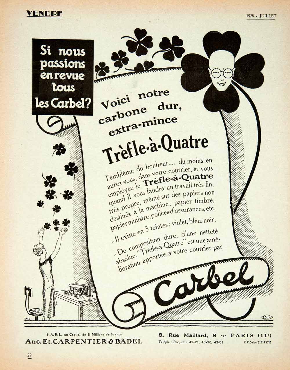 1928 Lithograph Ad Trefle-a-Quatre Carbon Paper Four Leaf Clover Shamrock VEN5