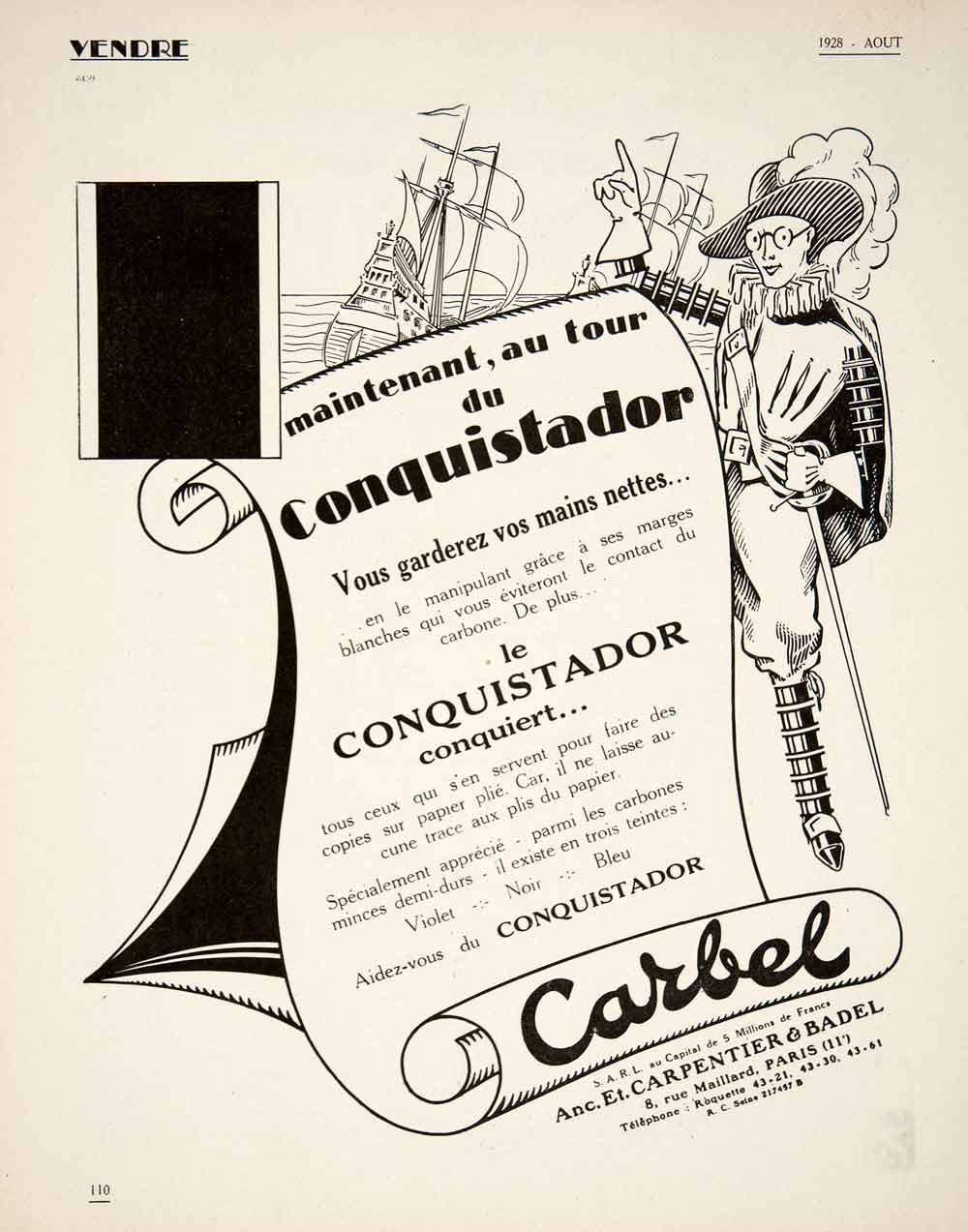 1928 Ad Vintage French Conquistador Carbon Paper Carpentier & Badel Carbel VEN5