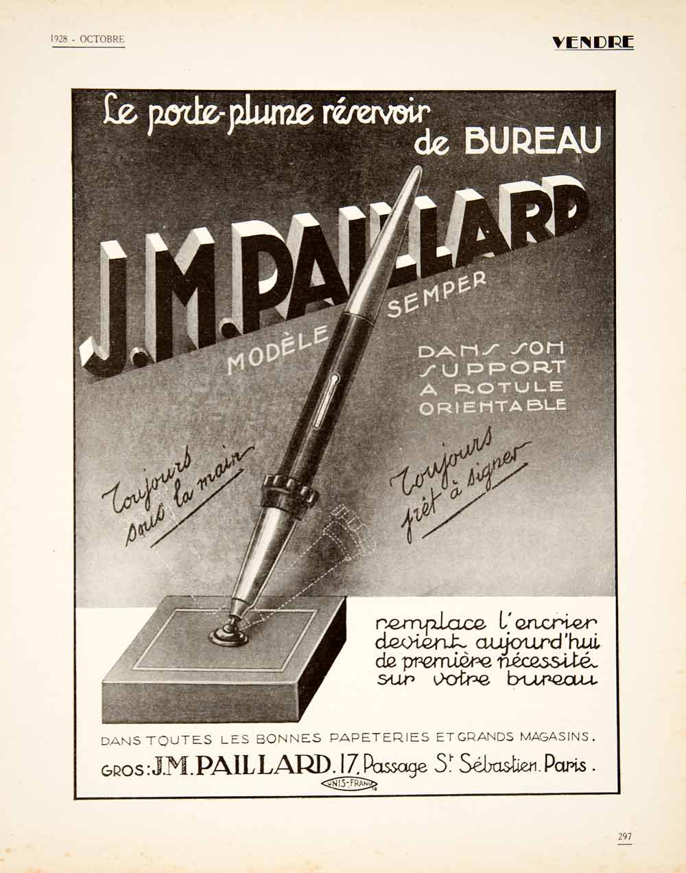 1928 Ad French J M Paillard Penholder Writing Desk Ballpoint Pen Accessory VEN5