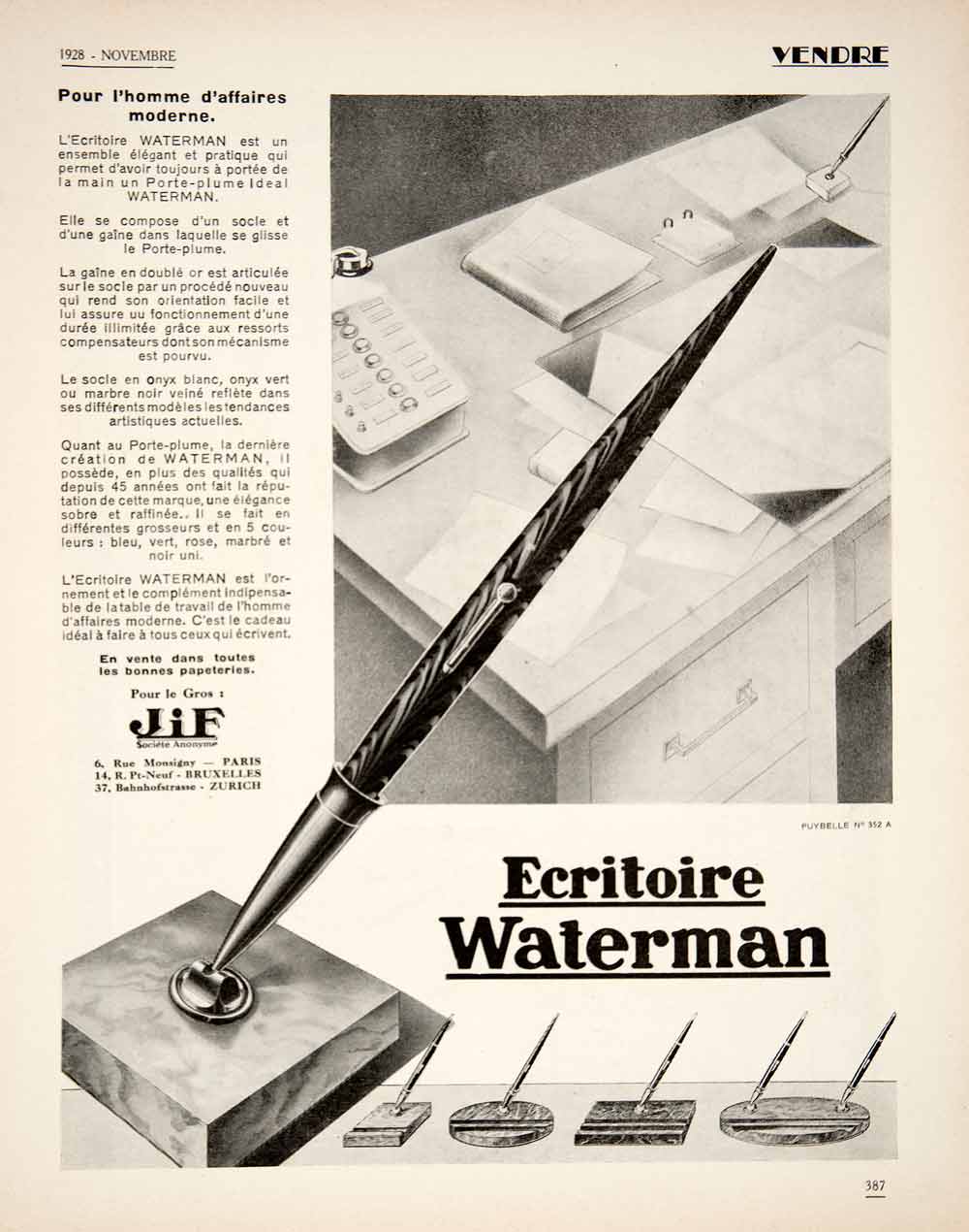 1928 Ad French JIF Ecritoire Waterman Ballpoint Pen Writing Desk Accessory VEN5