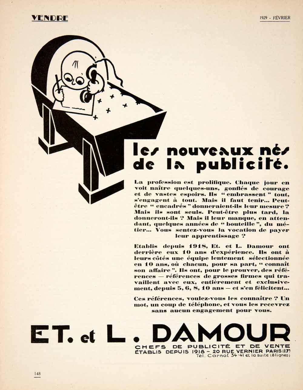 1929 Ad Damour French Advertising Agency Baby Cradle 20 Rue Vernier Paris VEN5