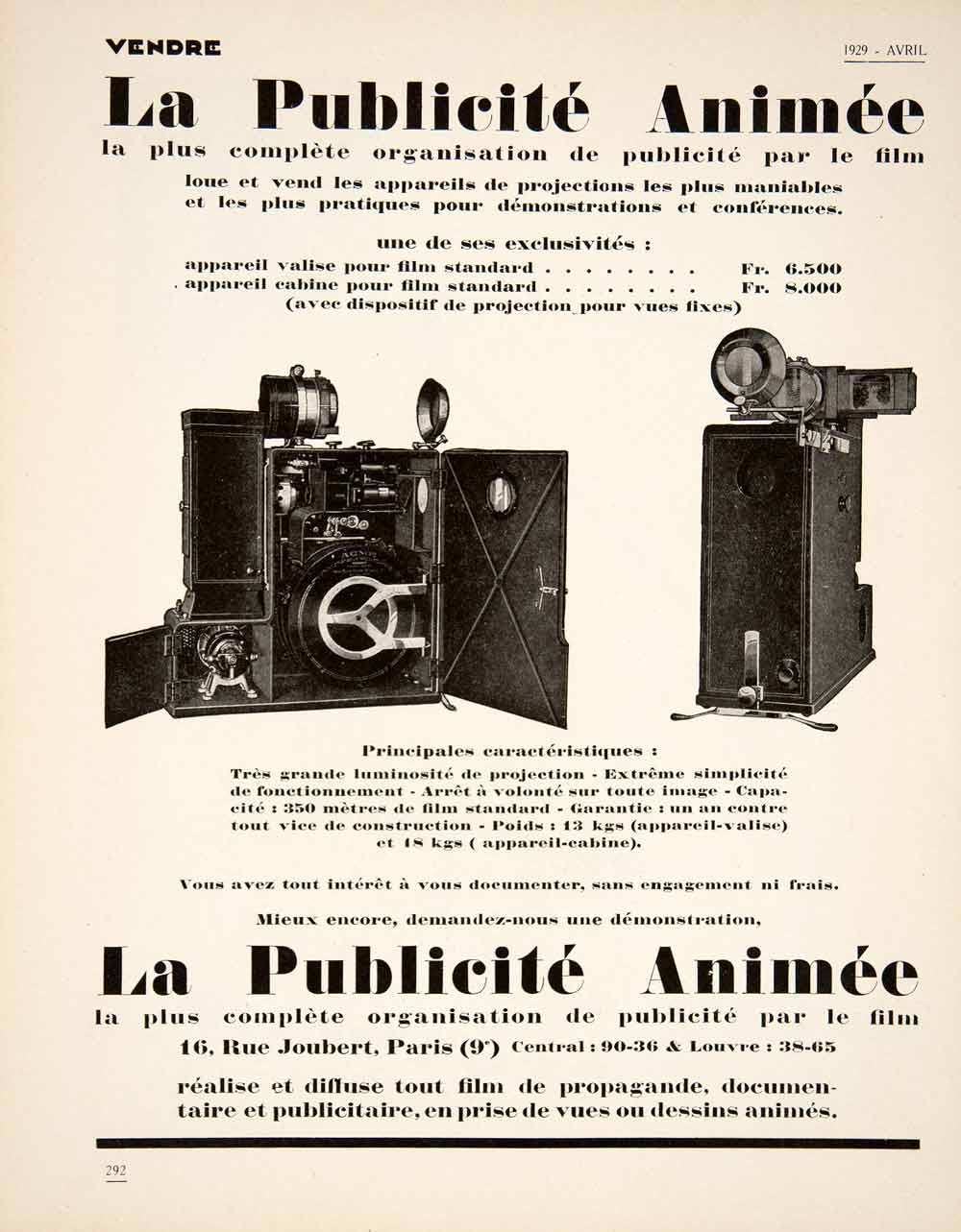 1929 Ad French La Publicite Animee Paris Film Advertising Movie Projector VEN5