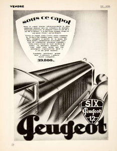 1929 Ad Art Deco French Peugeot 12-Six Automobile Hood Vintage Car France VEN5