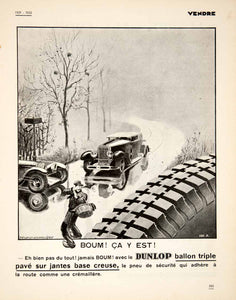 1929 Ad French Dunlop Balloon Tire Pneu Vintage Automobile Car Foggy Road VEN5
