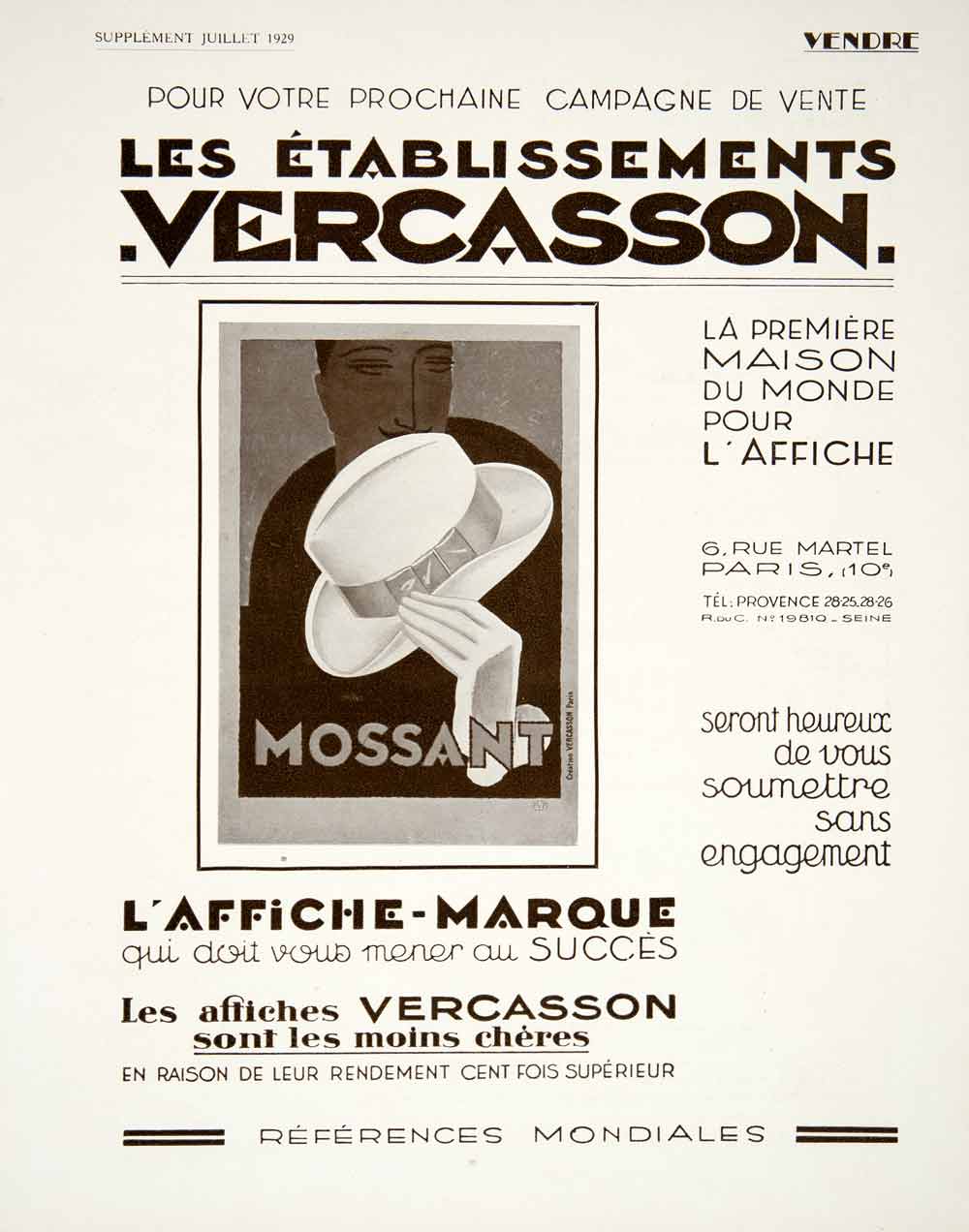1929 Lithograph Ad Art Deco Etablissements Vercasson Mossant French Hat VEN5