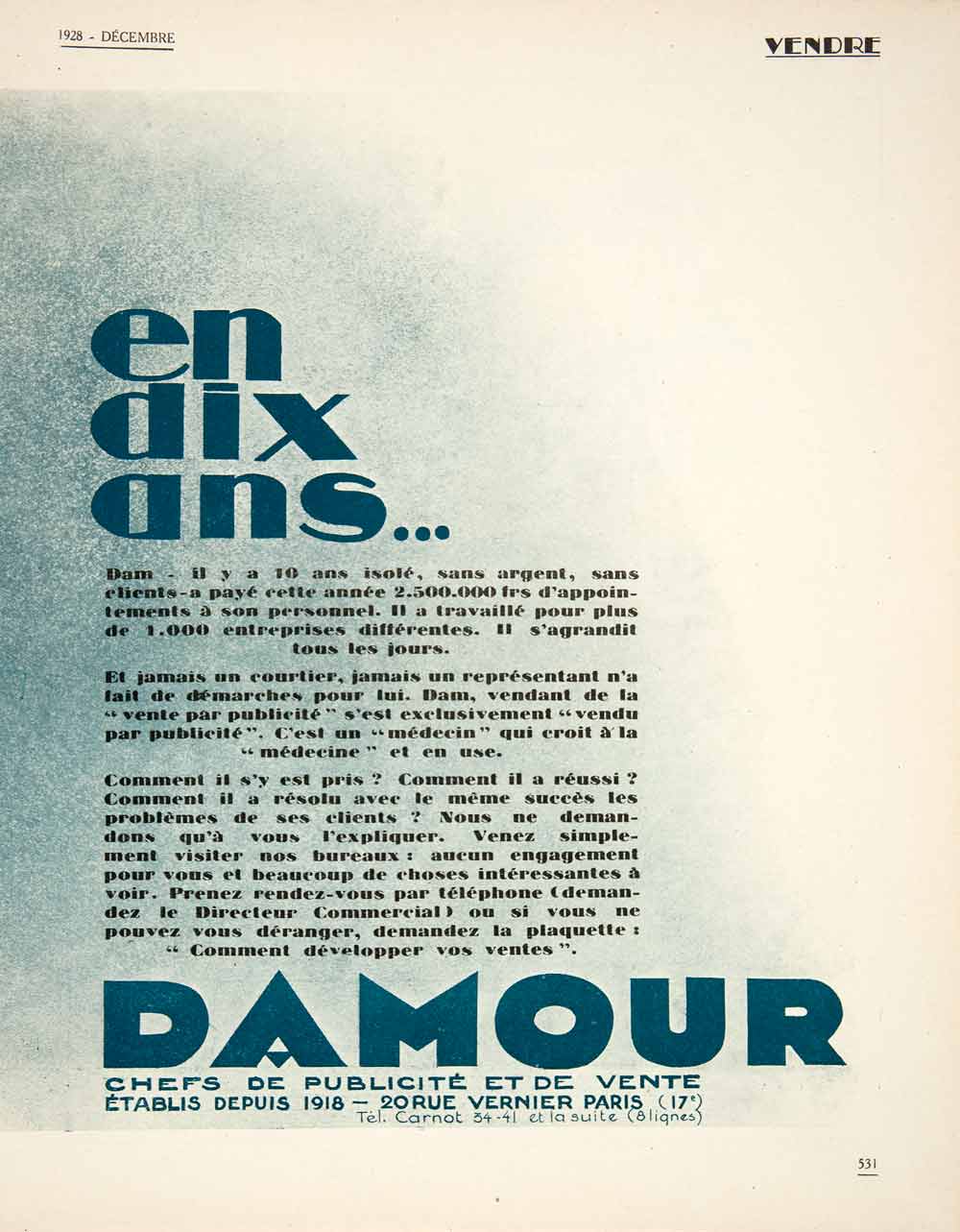1928 Ad Art Deco Damour French Advertising Agency 20 Rue Vernier Paris VEN5