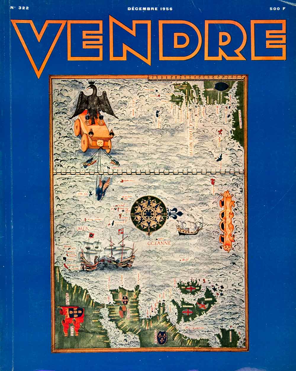 1956 Cover Vendre December Medieval Map Sea Ocean Ships French New World VEN6