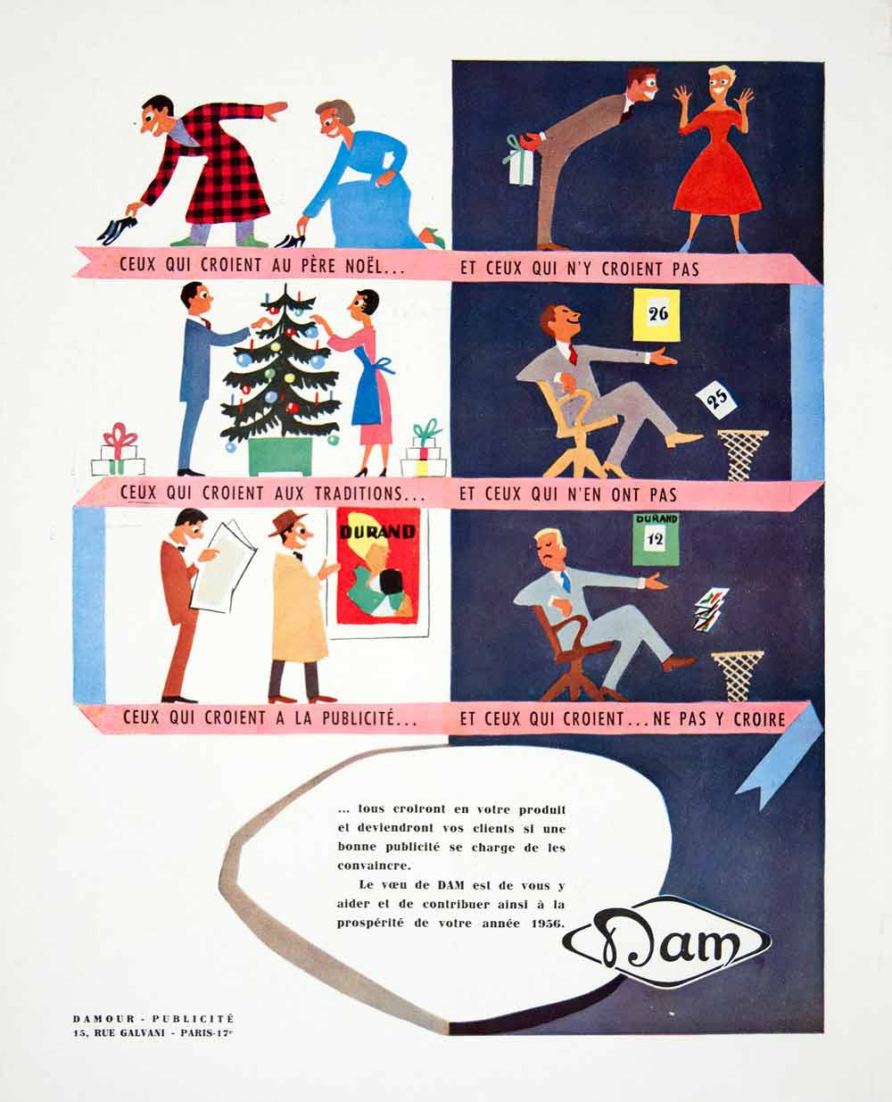 1955 Ad DAM French Advertising Agency Christmas Tradition Tree Shoes Gift VEN6