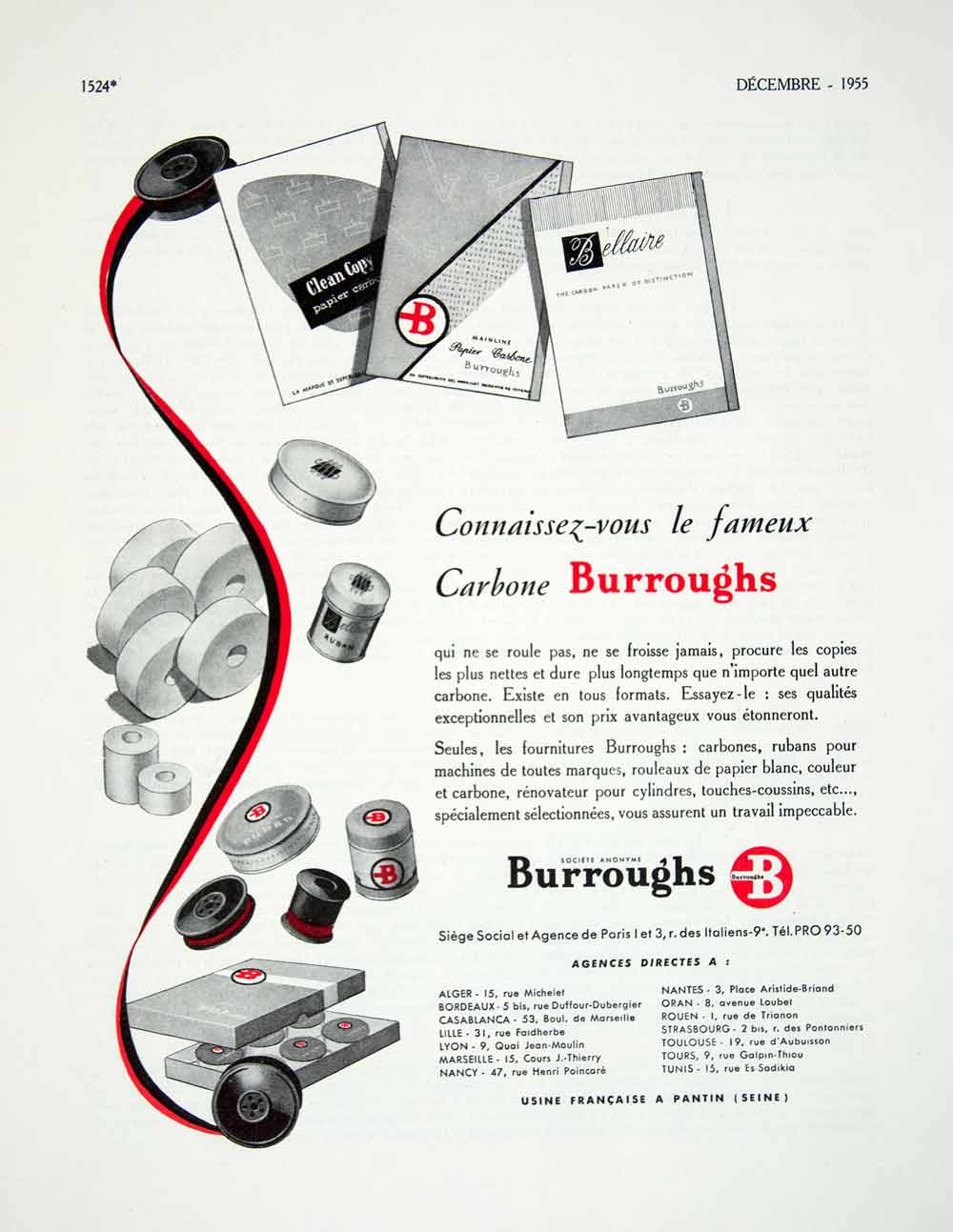 1955 Ad Burroughs Carbon Ribbons Paper Stationary Office Supplies Ink VEN6