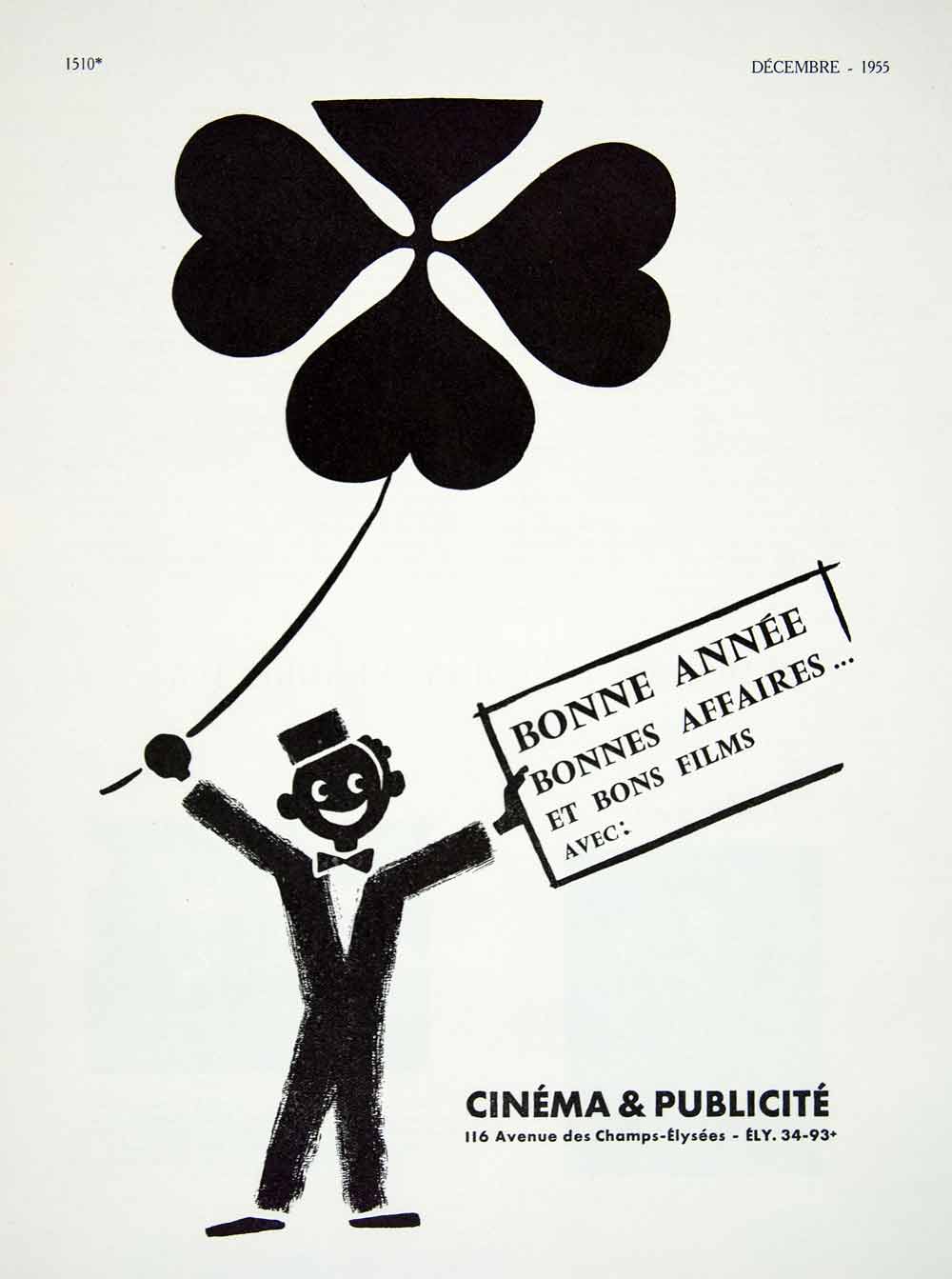 1955 Ad Cinema Publicite Bonne Annee Four-Leaf Clover French New Year VEN6