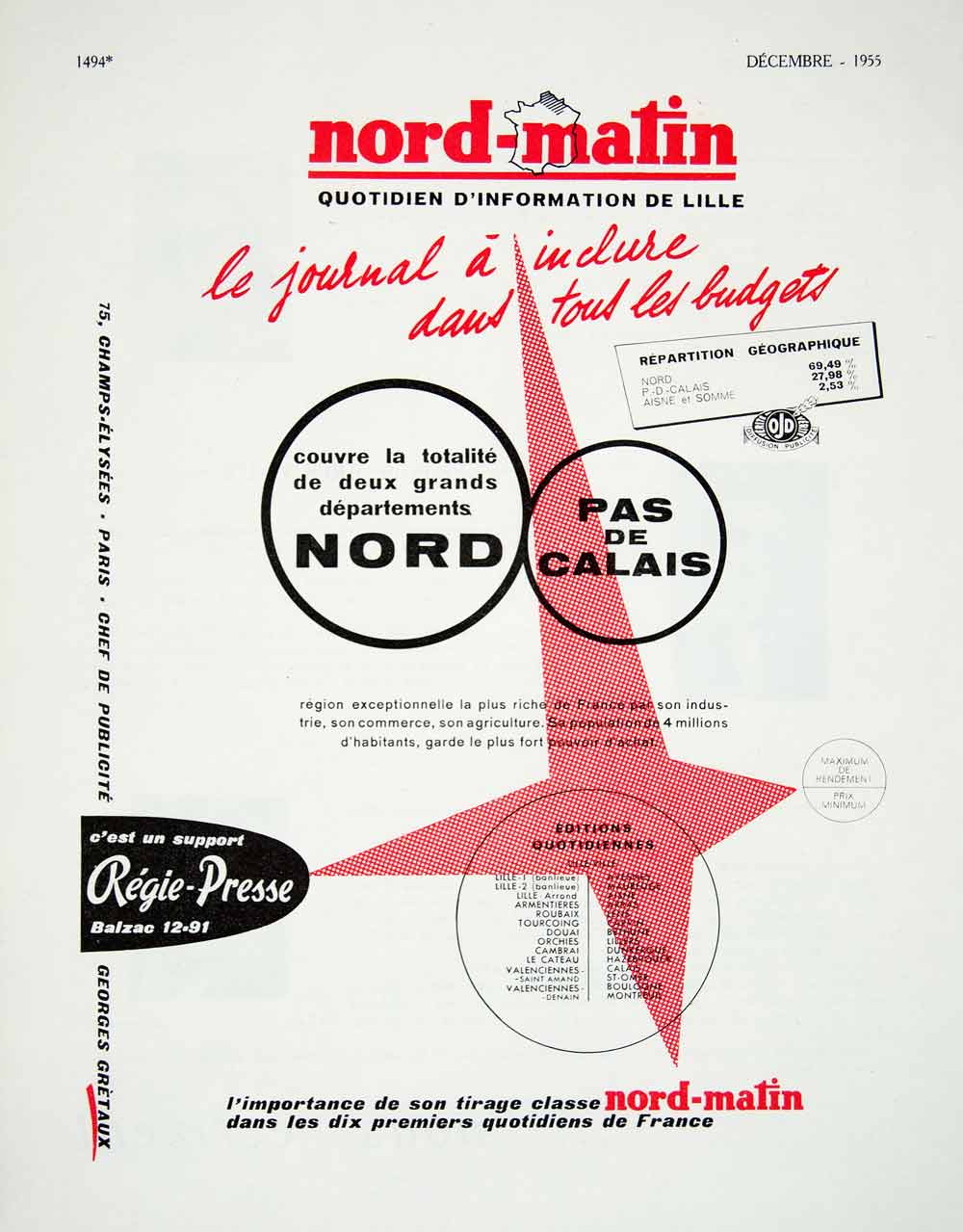 1955 Ad Nord-Matin Pas de Calais Regie-Presse Newspaper Circulation French VEN6