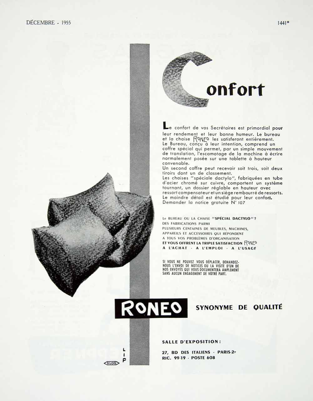 1955 Ad Romeo Office Furniture French Advertising Pillows Confort VEN6