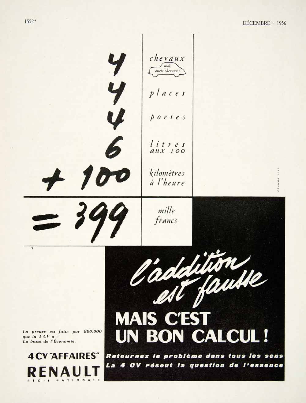 1956 Ad Renault Automobile French Calculations 4CV Affaires Car VEN6