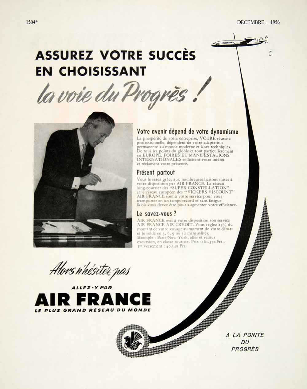 1956 Ad Air France Airline French Transportation Travel Advertisement VEN6