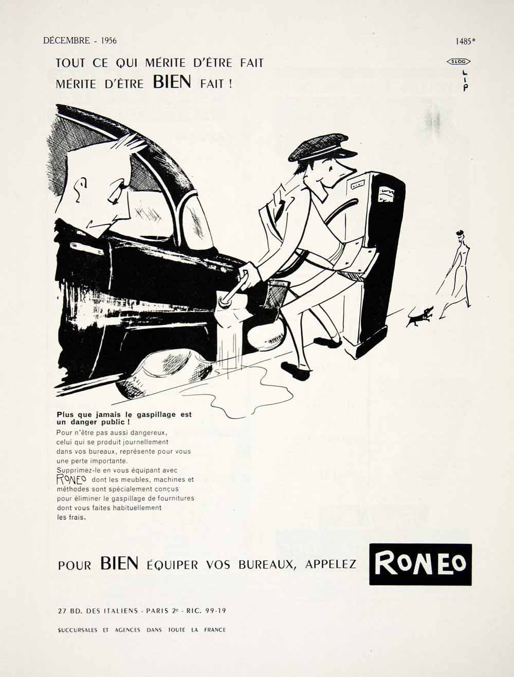 1956 Ad Roneo Office Furniture Funny Gas Attendant Petrol French VEN6