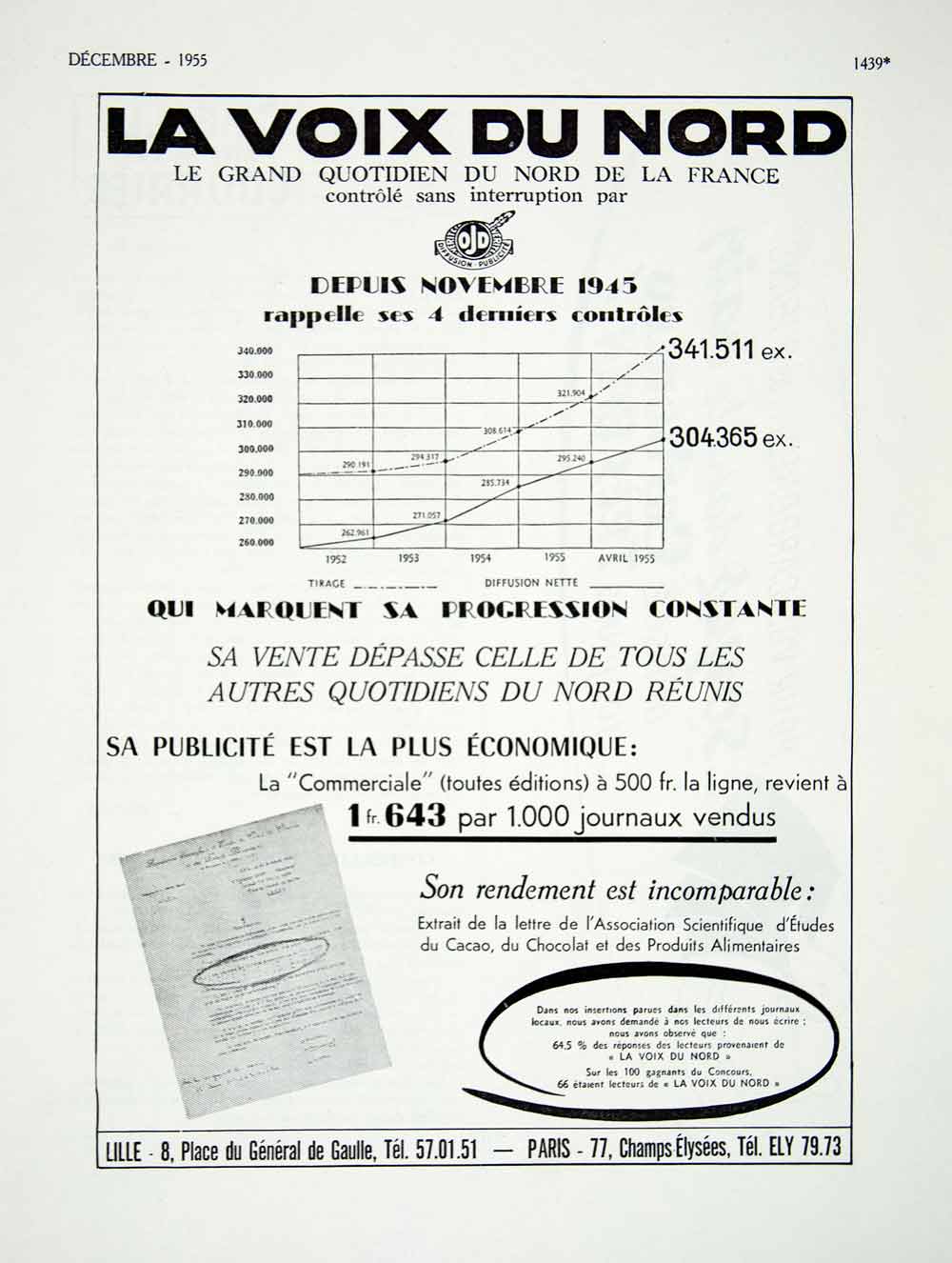 1955 Ad Voix du Nord French Newspaper Circulation Advertising France VEN6
