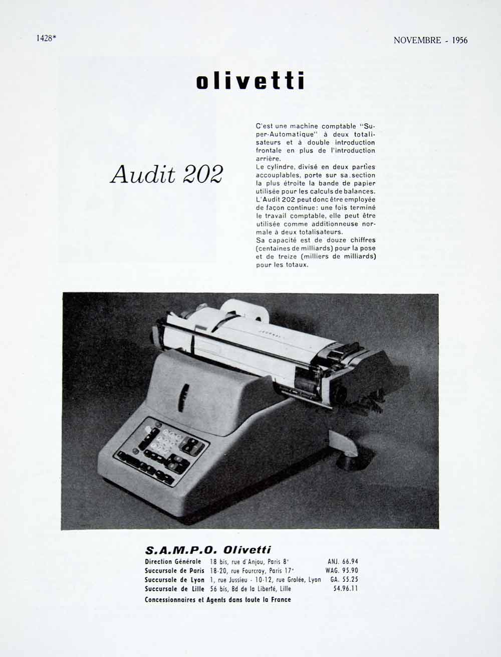 1956 Ad Olivetti Audit 202 SAMPO French Addition Adding Machine Automatic VEN6