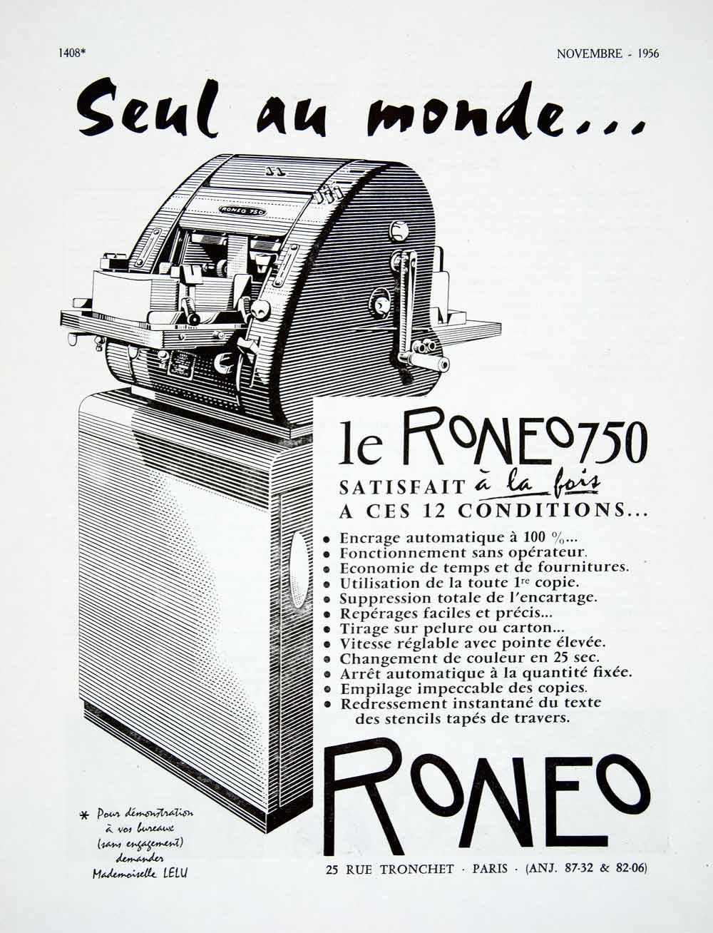 1956 Ad Roneo French Machine 25 Rue Tronchet 750 Copier Advertising VEN6